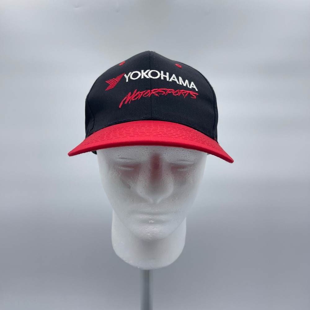 Nissin Cap Yokohama Motorsports OSFA Black Red Snapback Hat Racing Vintage Cap